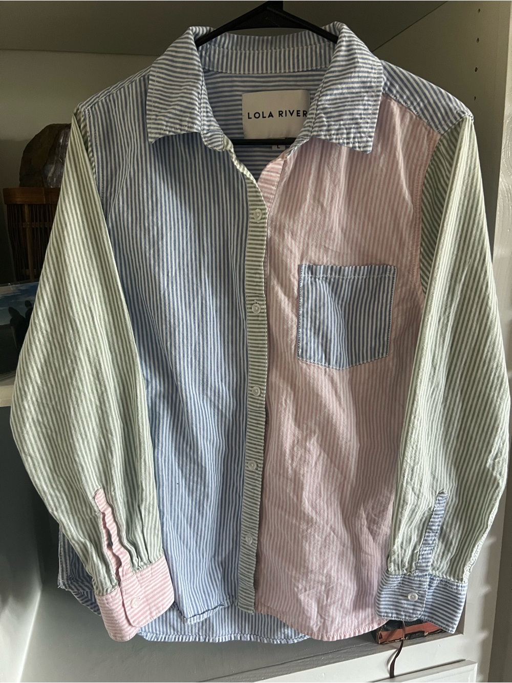 Lola River Multi-Stripe Button-Down Shirt Pastel Blue, Pink & Green Womens  L